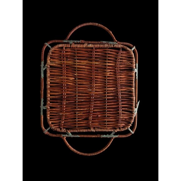 Vintage Woven Rattan & Metal Leaf Basket Tray – Rectangular with Handles - Picture 3 of 3